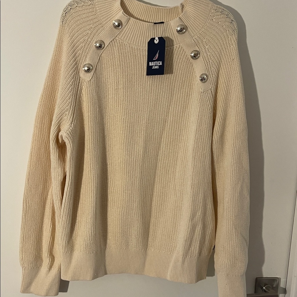 Nautica Women's Beige Sweater with Silver Button Accents